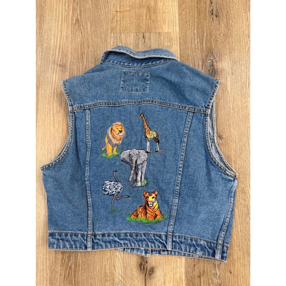 VTG Boho Festival Embroidered Safari Animal Embroidered Denim Vest Women L Blue